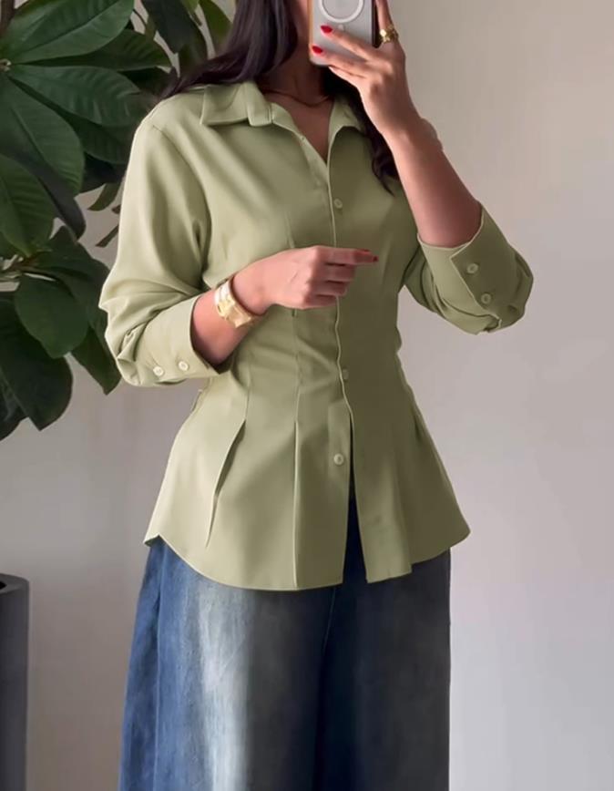 Chemise femme 2025 printemps nouveau col rabattu manches longues bouton avant chemisier décontracté dos croisé attaché détail queue de poisson chemise