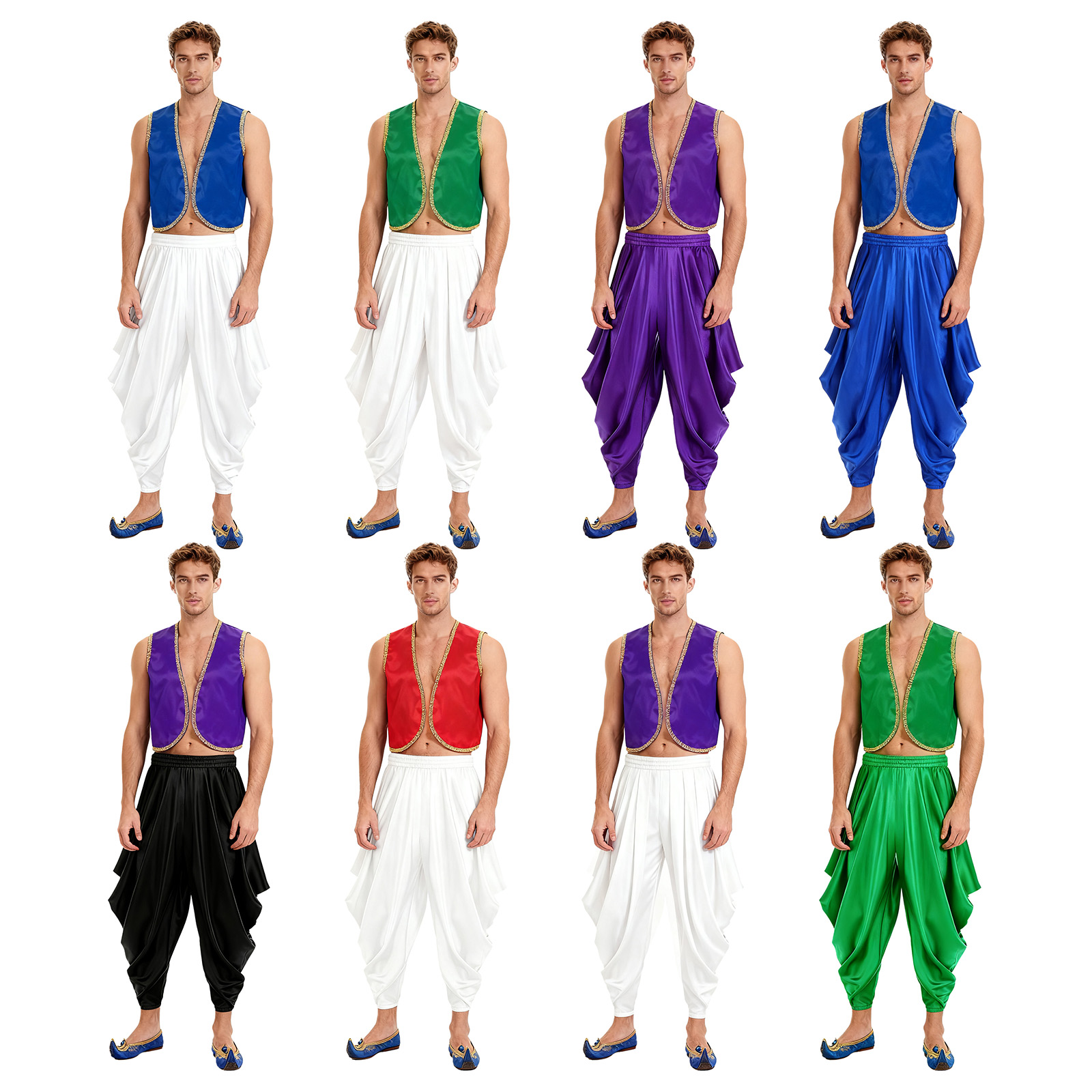 Costume de carnaval arabe folklorique indien pour hommes, ensemble gilet brillant et pantalon sarouel pour Halloween, uniformes de fête Raves