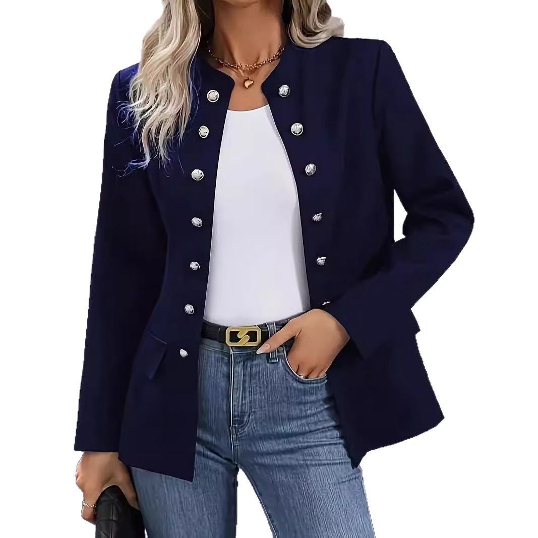 Femmes à manches longues vestes minces automne femme Double boutonnage bouton col montant Blazers FYY-207