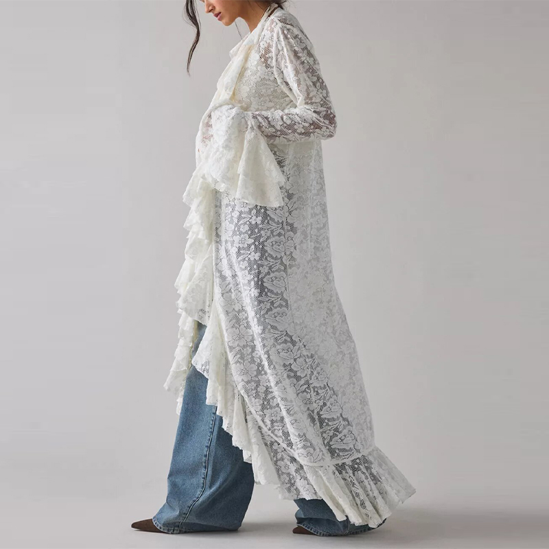Kimono long en dentelle blanche à volants pour femme, manches longues, devant ouvert, dentelle florale, style bohème, pour vacances d'été, plage