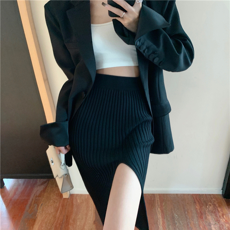 Jupe élégante et sexy à fente pour femme, robe tricotée ajustée amincissante style Hot Girl, jupe taille haute pure et raffinée