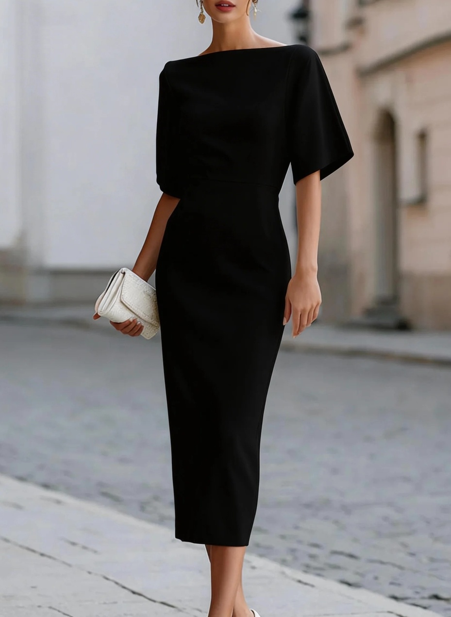 Robe de soirée élégante à col bateau et manches mi-longues, taille ajustée, longueur midi