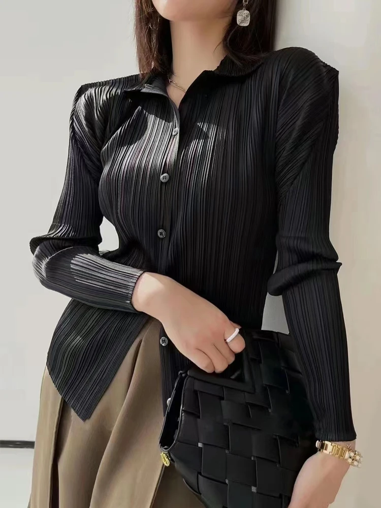 Chemise à manches longues à revers plissé pour femmes, chemise polyvalente décontractée Ata Yake, grande taille, cardigan, automne, nouveau, 2024
