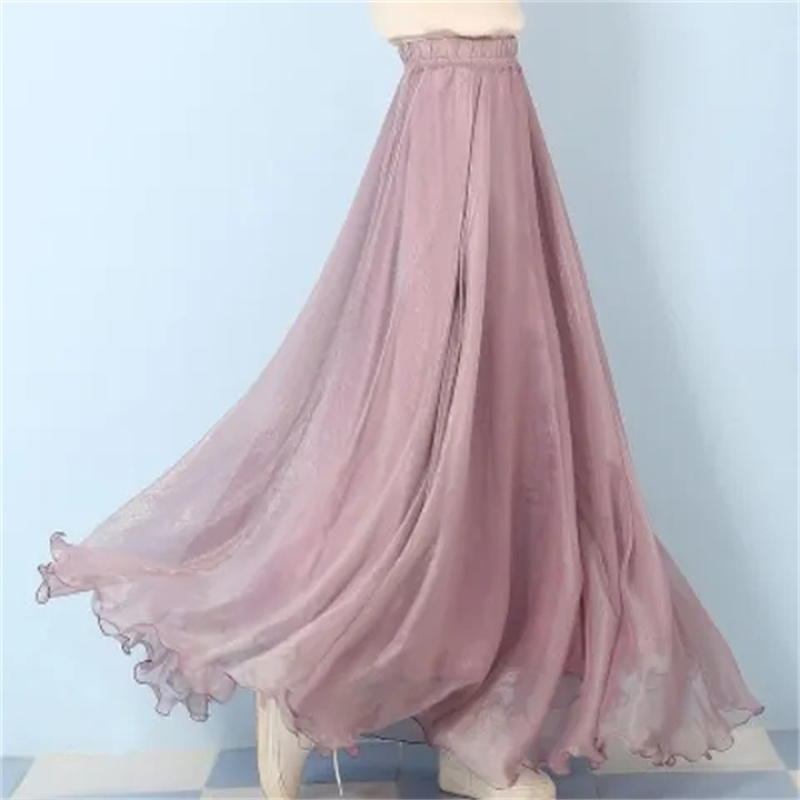 Longue jupe de plage plissée en mousseline de soie, double couche, élastique, taille haute, grande balançoire, gaze, ligne A, haute qualité, printemps, été