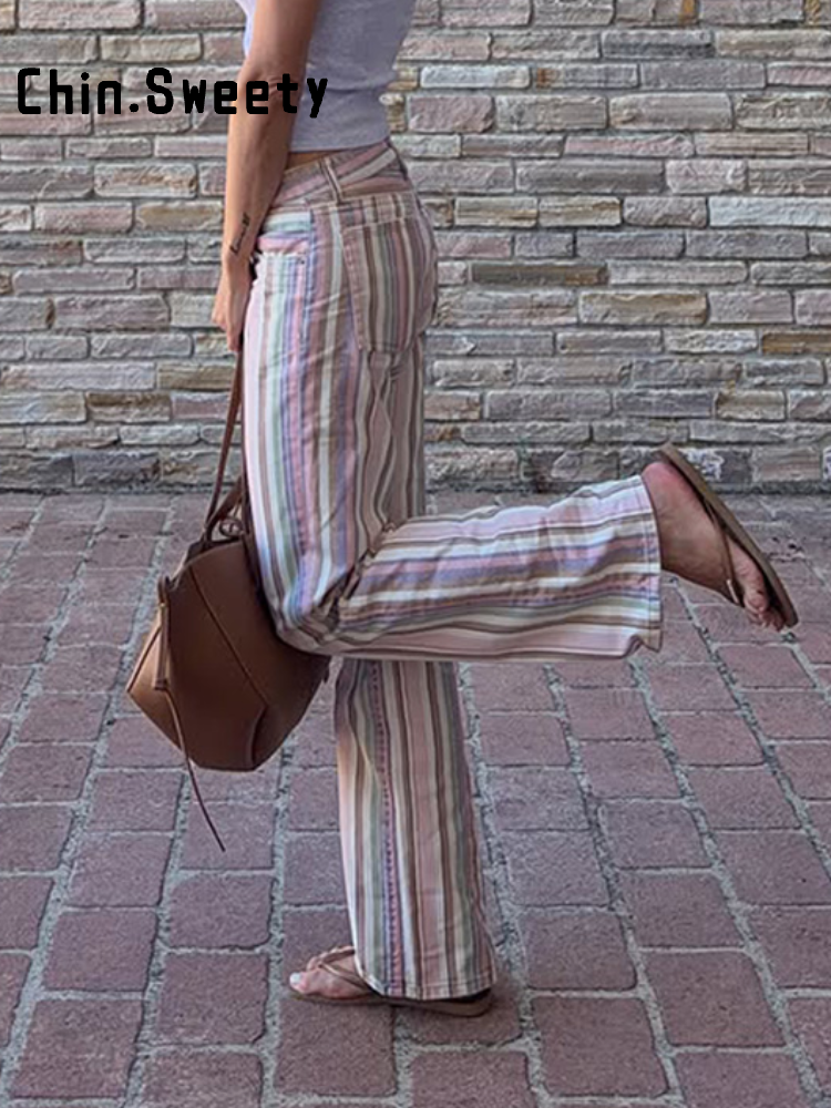 Jean à rayures colorées pour femme, taille mi-haute, boutonné, coupe droite, pantalon polyvalent, été 2026, nouveau pantalon de ville pour femme.
