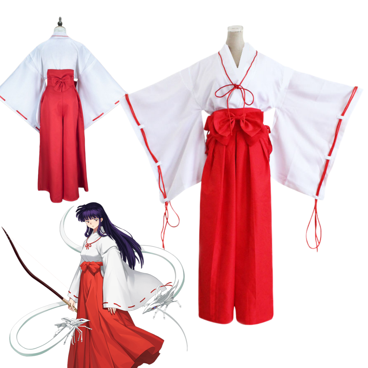 Costume de cosplay Anime Inuyasha Kikyo, tenue japonaise de Miko, kimono blanc, pantalon Hakama rouge, uniforme de fête de carnaval pour femmes