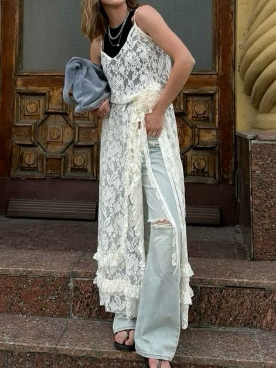 Mode coréenne dentelle mince Camis robes femmes col en V sans manches taille haute robe fendue femme couches Fairycore Grunge robe d'été
