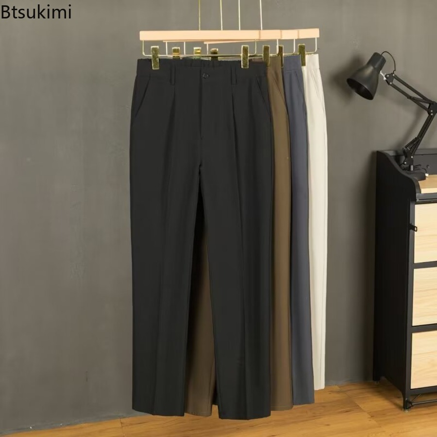 Pantalon d'été taille moyenne pour hommes, tenue décontractée, couleur unie, boutons, Slim, formel, bureau, Social, robe de soirée de mariage, costume