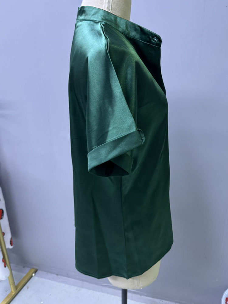 Femmes ruban de soie Satin Blouse hauts été dame à manches courtes bouton col montant Blouse chemises DFFZ-A0033