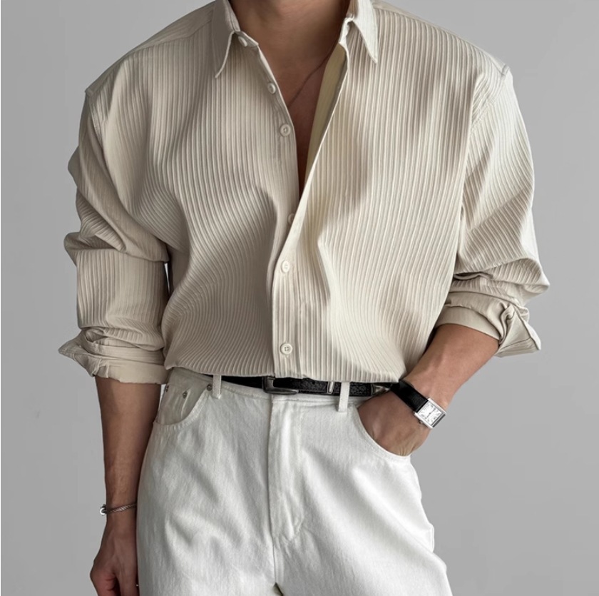 Chemises pour hommes 2026 printemps automne Premium texturé bureau affaires chemise couleur unie ample à manches longues décontracté Niche robe chemise