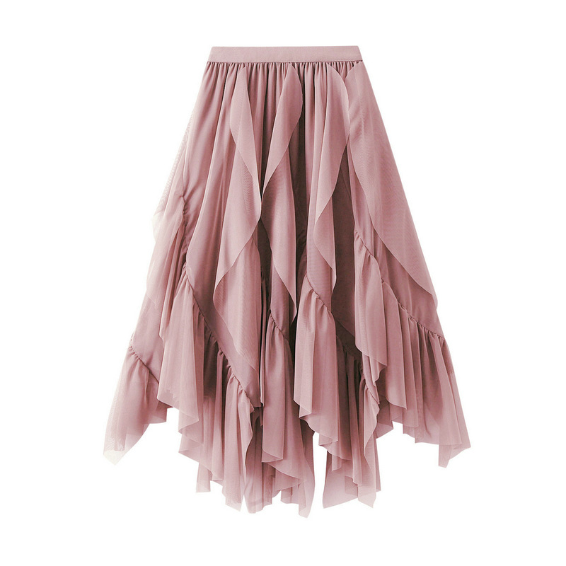 Jupe mi-longue décontractée en maille à volants pour femmes, nouvelle collection d'été, slim, élastique, taille haute, doublure en maille unie, vêtements pour femmes