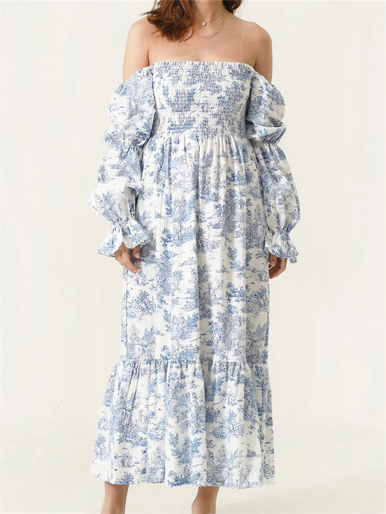 Robe longue à volants à manches bouffantes pour femmes, robe florale vintage, décontractée, bohème, initiée au hors, printemps, automne