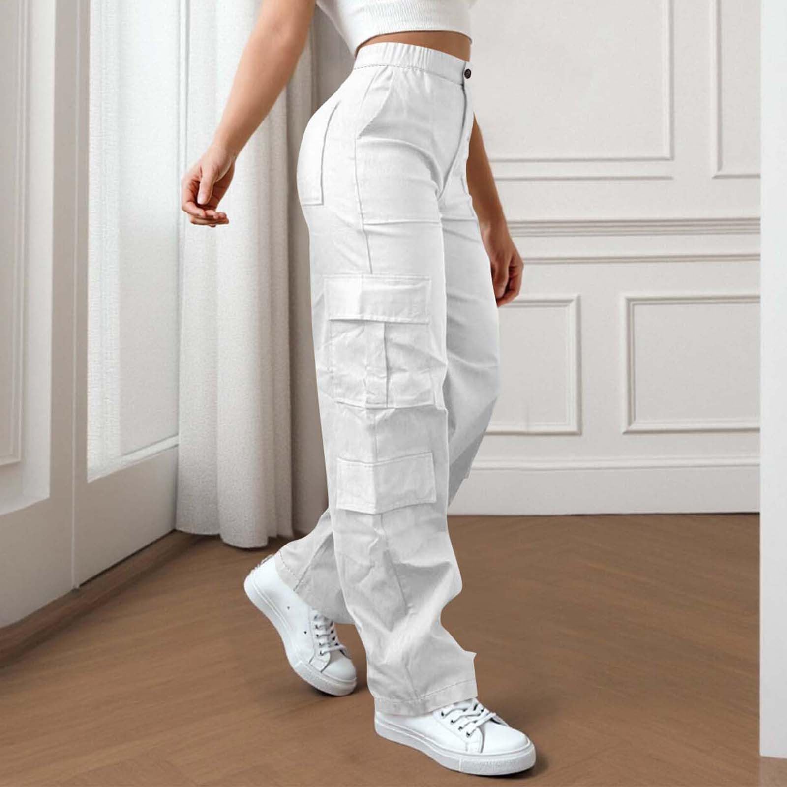 Pantalon Cargo décontracté pour femmes, taille élastique, jambe droite, avec boutons, poches zippées, vêtements de travail de randonnée en plein air, couleur unie
