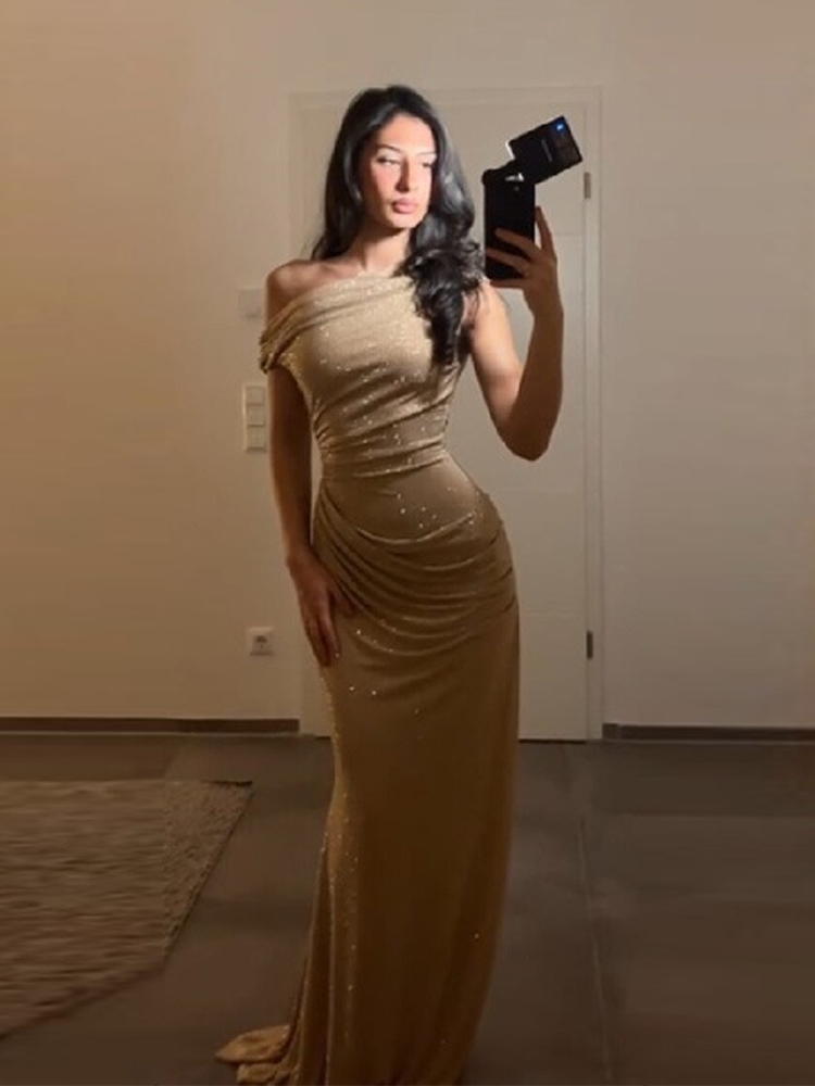 Nouvelle collection Printemps/Été 2026, Robe longue élégante pour femme, coupe ajustée, épaule asymétrique, ornée de strass, pour soirée