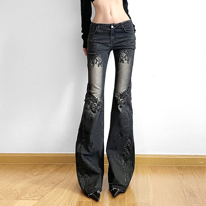 Jean femme nouveau Style de rue rétro américain imprimé plante lavé Vintage taille basse pantalon évasé à la mode polyvalent