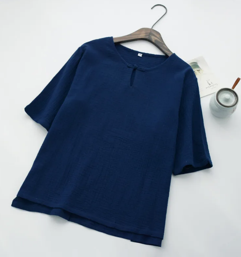 Blouses pour femmes grandes tailles, style chinois vintage, chemises en coton et lin à manches courtes, chemisiers décontractés de style prairie, hauts pour femmes.