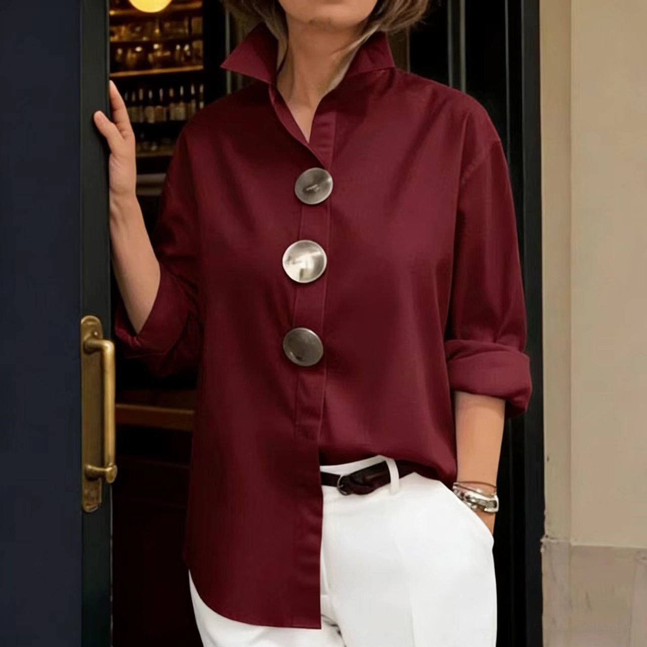 Chemisier Chic Femme à Trois Boutons Manches Longues Élégant Oversize Vintage Printemps Basique Col Haut pour Vacances