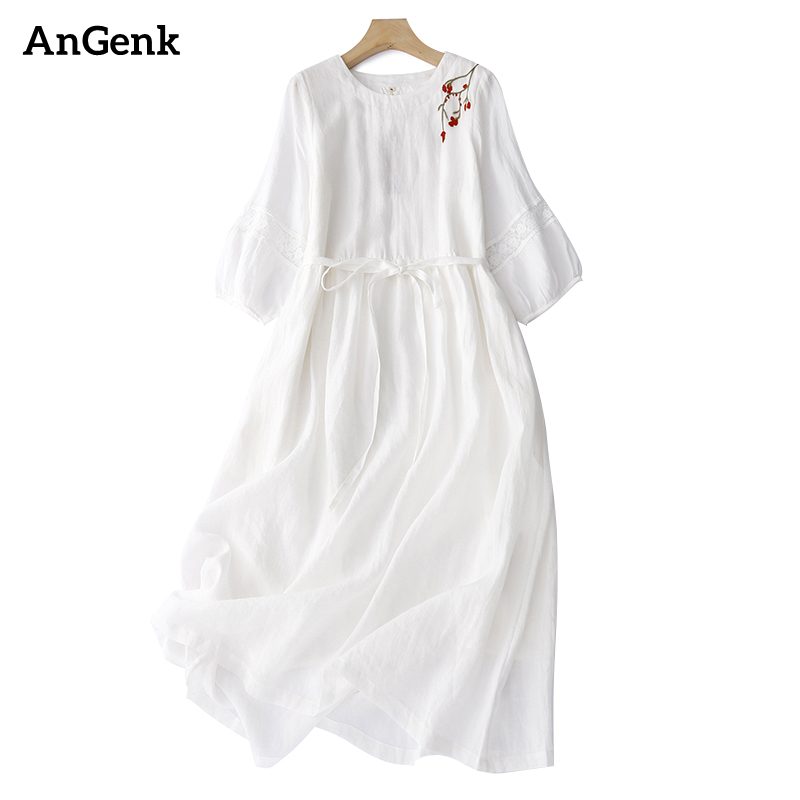 Robes longues blanches brodées vintage d'été pour femme 2026, robe décontractée respirante de couleur unie, vêtement élégant pour femme.