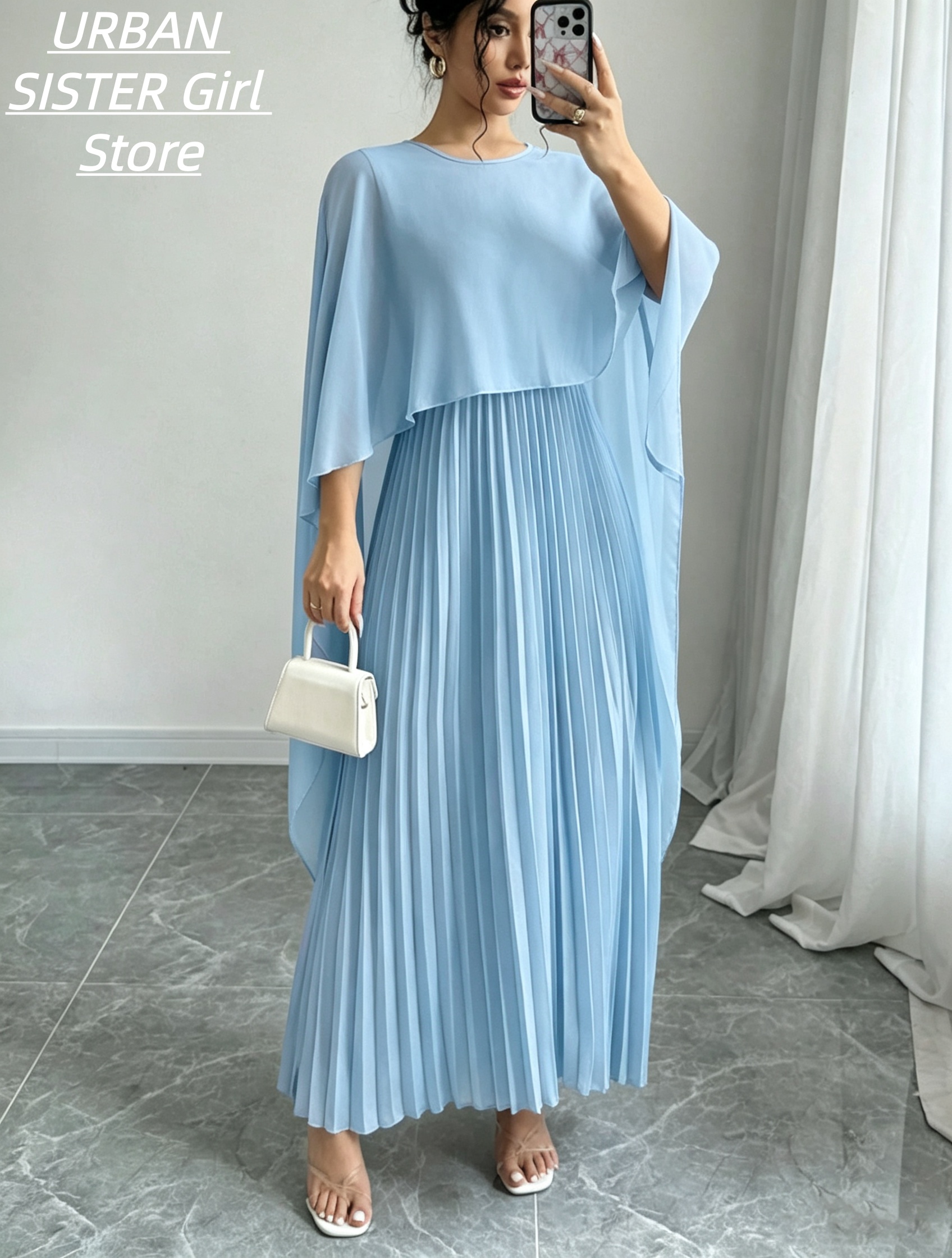 Robe cape bleu clair à col rond et manches volantées, robe longue plissée drapée avec un design effet deux pièces, robe longue pour banquets et vacances
