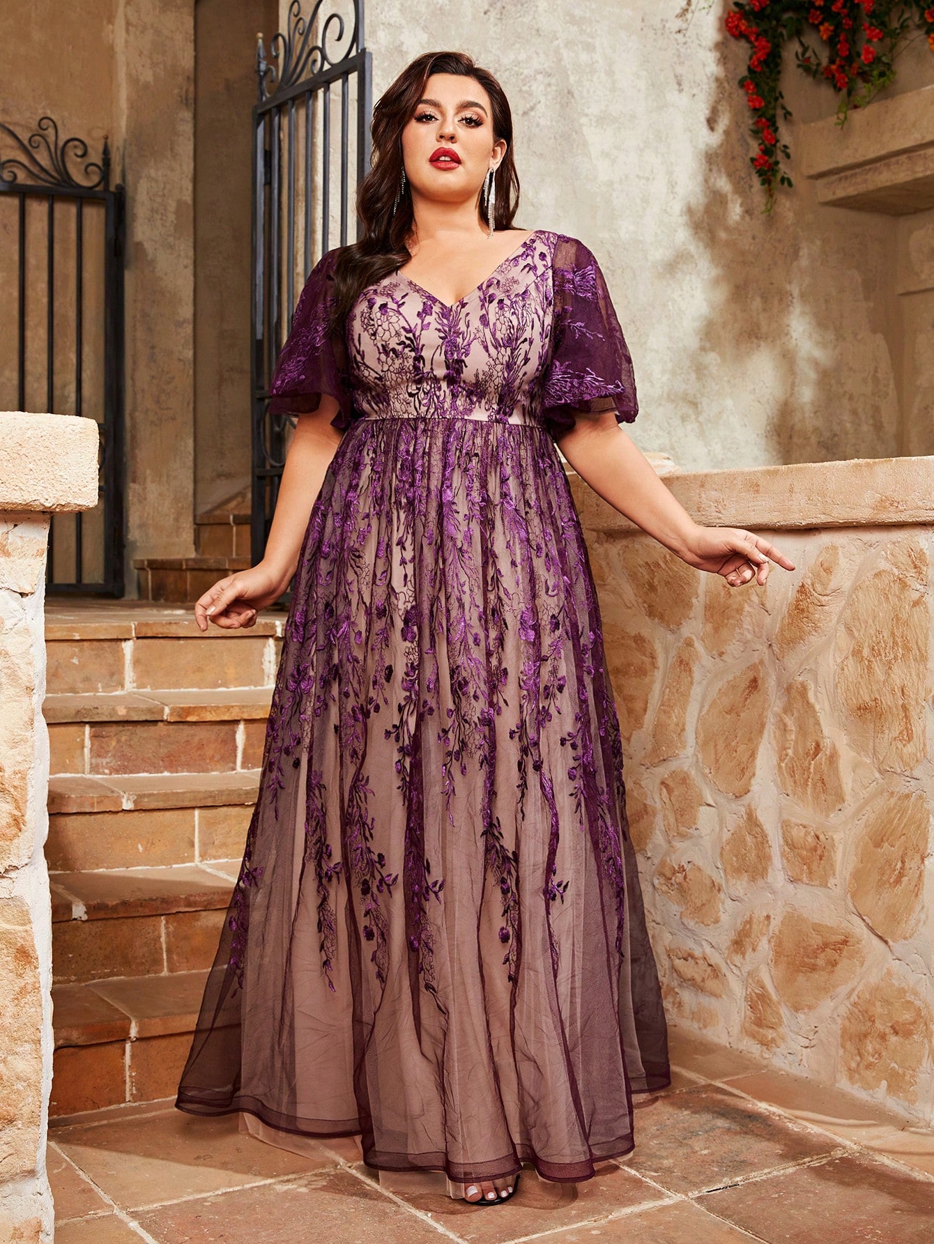 Mgiacy grande taille col en v dentelle brodée grande trompette manches couleur maille jupe longue robe de soirée robe de bal robe de soirée