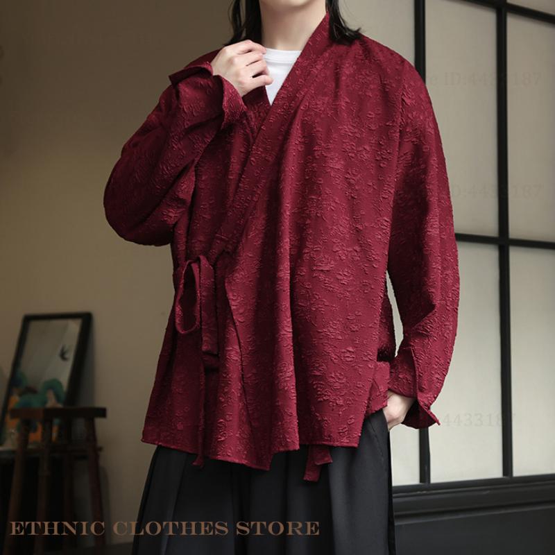 Cardigan Kimono pour hommes, grande taille 3XL 4XL 5XL, haut de Style chinois rétro Jacquard Hanfu, manteau Yukata japonais, veste Harajuku Streetwear