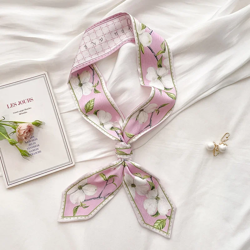 Nouveau Foulard Long en Soie Satinée à Imprimé Floral Original pour Femme – Écharpe de Qualité Supérieure, Rubans pour Cheveux et Accessoires de Sac