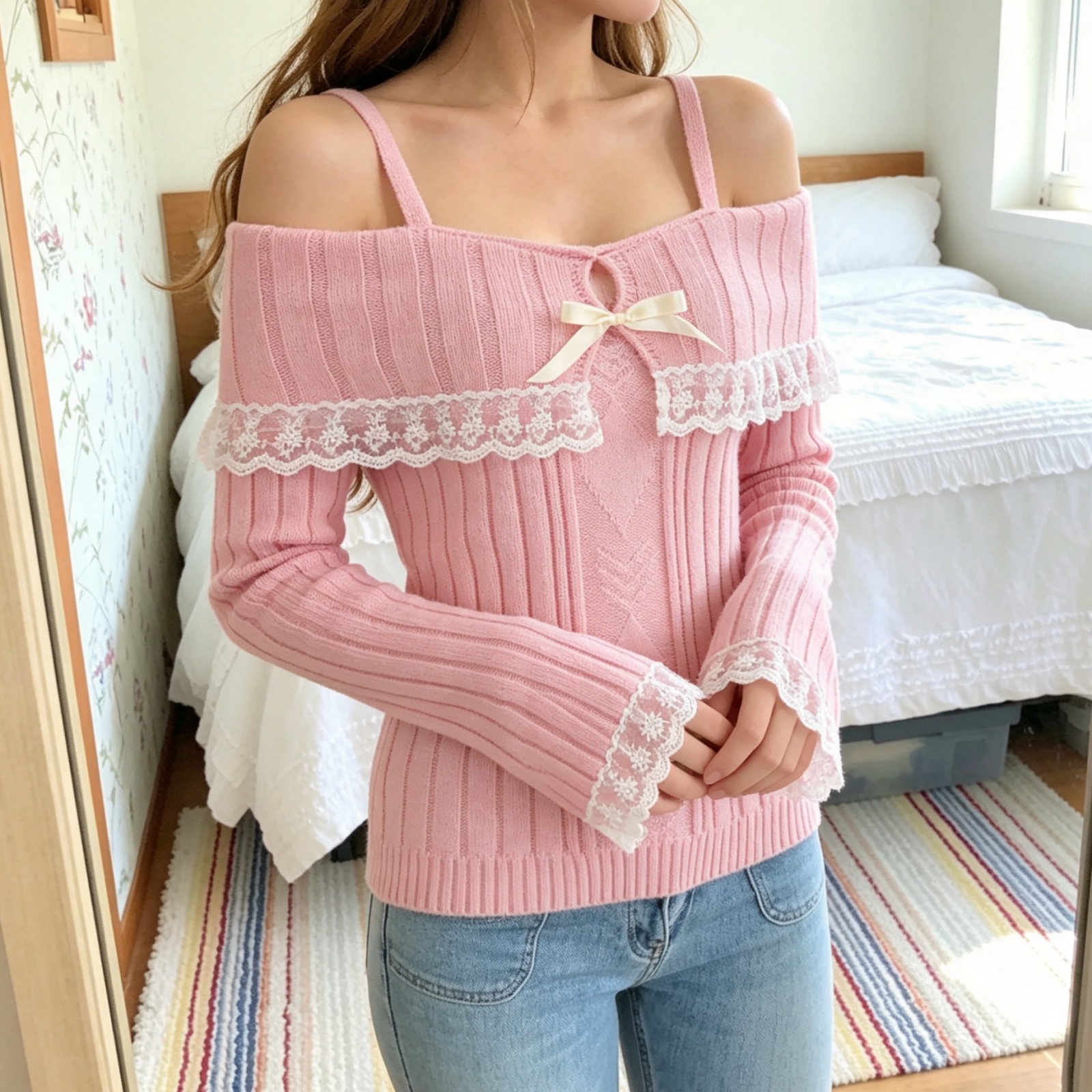 Pulls à épaules dénudées pour femmes, manches longues, garniture en dentelle, tricot, nœud sur le devant, hauts, vêtements d'automne et d'hiver Y2K
