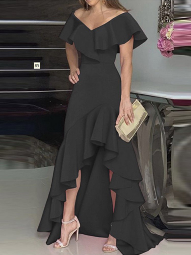 Robe longue de soirée élégante pour femmes, mode élégante, col en V, Slim, portefeuille aux hanches, couleur unie, manches à volants, été, 2025