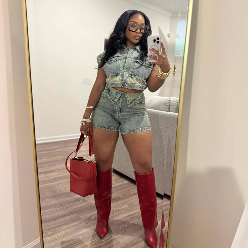 Ensembles Shorts femmes Denim 2 pièces costume haut jean Ensemble été 2025 simple boutonnage col rabattu pantalons courts tenues Vintage