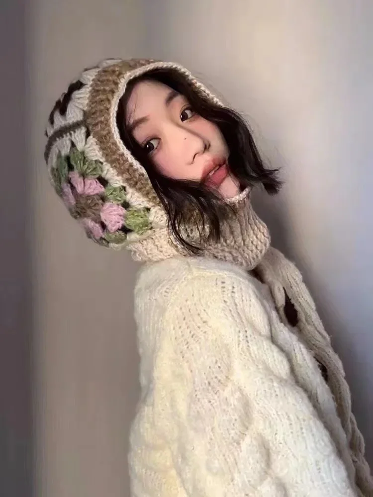 Cagoule en Crochet faite à la main pour femmes, chapeaux d'automne et d'hiver, pull tricoté en laine, bonnets, cache-cou, casquettes à capuche