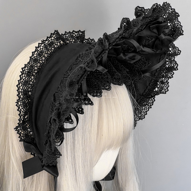 Chapeau de femme de chambre Lolita Bonnet, bonnet en dentelle, noir, gothique, vintage, jeunes filles, femmes