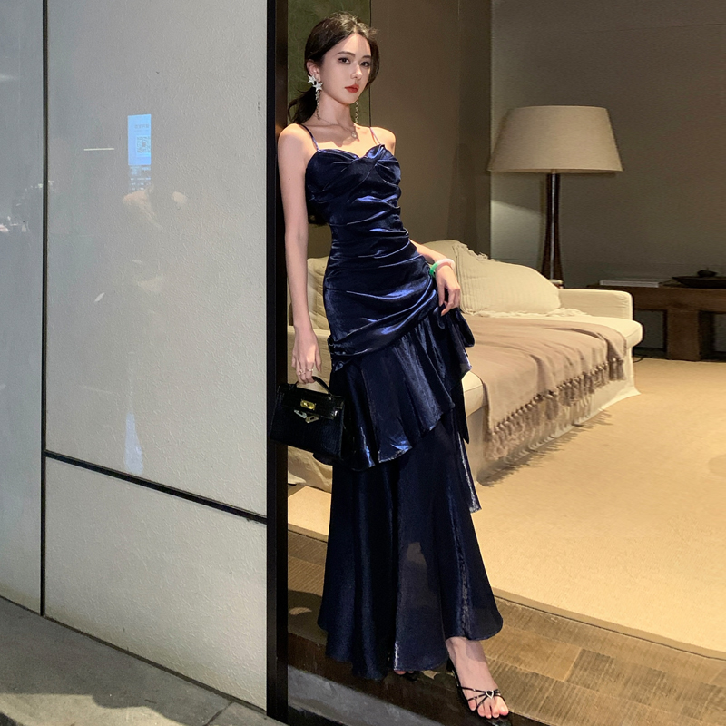 Robe longue de soirée élégante et Sexy pour femmes, tenue de soirée d'anniversaire, sans manches, bretelles Spaghetti, dos nu, style sirène, à volants, été