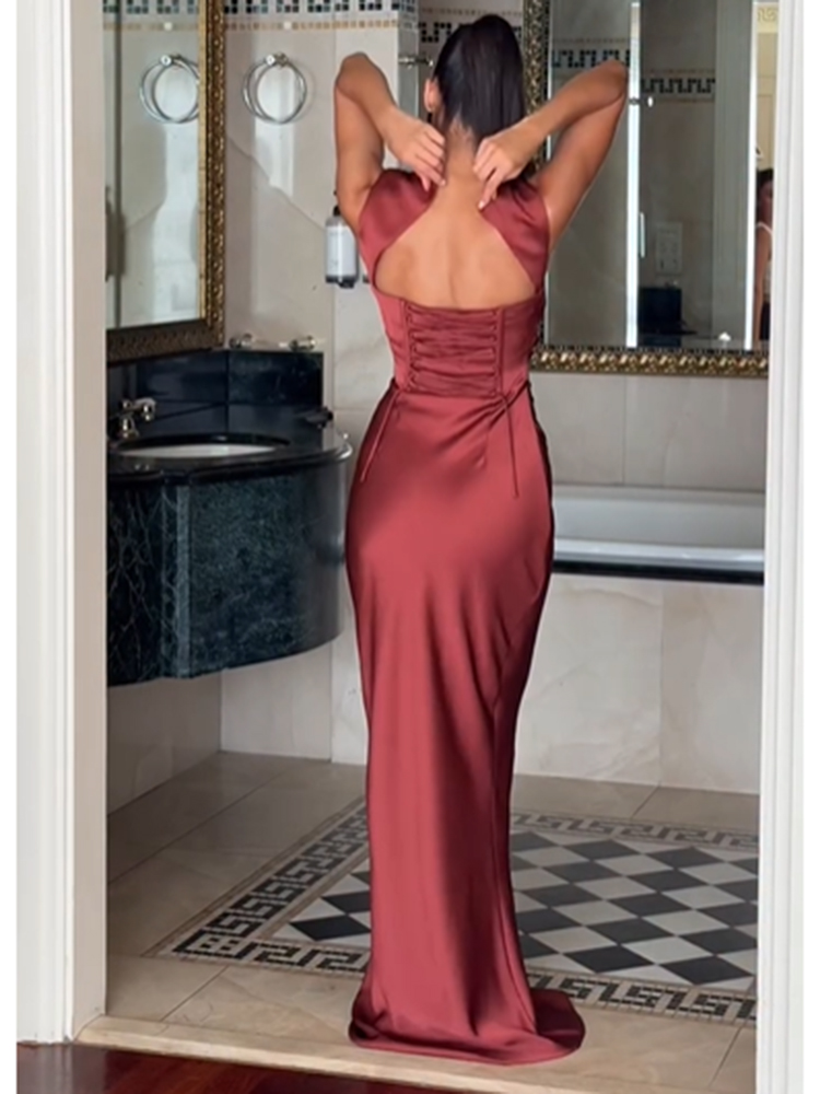 Robe élégante pour femme en satin uni à col bénitier, sans manches, taille froncée, coupe sirène moulante, Vestido 2026, Robes de soirée d'été