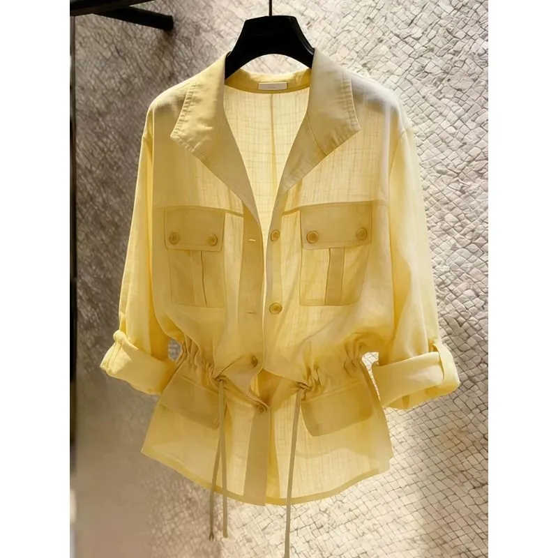 Chemisier d'été pour femme, jaune, bleu, violet, grande taille, nouveau modèle 2026, style luxe léger, avec cordon de serrage, chemise élégante