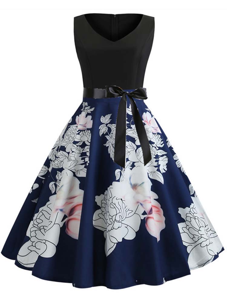 Robes vintage pour femmes, imprimé floral, robe de soirée noire élégante, robe rétro sans manches, sexy, grande taille, robe d'été
