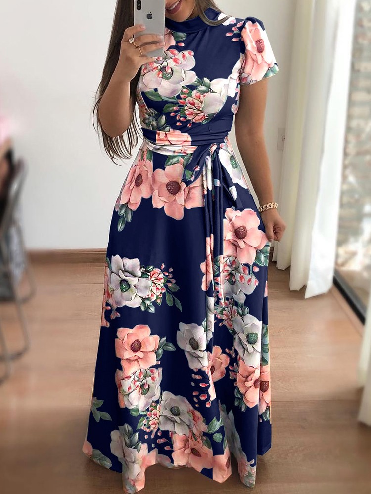 Robes Slim décontractées à manches longues pour femmes, col rond, imprimé floral, bretelles, longueur au sol, jupe longue, vêtements pour femmes
