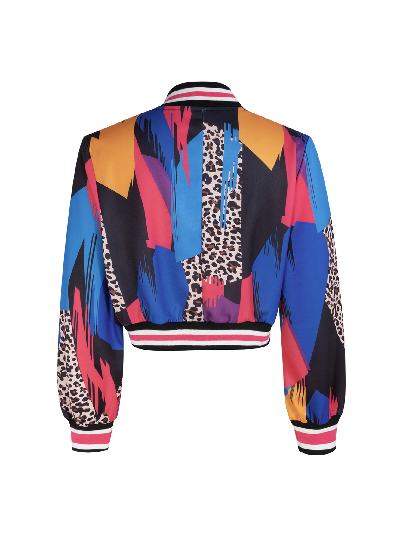 Veste courte à imprimé léopard et blocs de couleurs pour femme, col côtelé rayé, boutonnée, manches longues, style streetwear, vêtement d'extérieur court