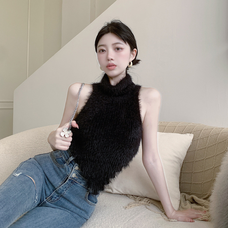 Débardeur Sexy pour femmes, gilet tricoté, col roulé, épaules dénudées, sans manches, haut court, Design irrégulier, Chic, Slim, hiver