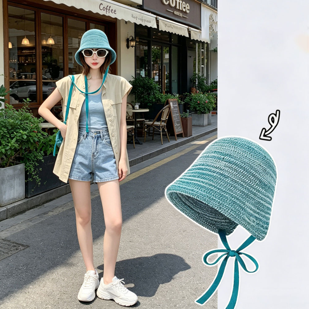 Chapeau Bob Tricoté Style Ethnique pour Femme, Chapeau de Pêcheur Respirant Creux pour l'Été, Grande Circonférence de Tête, Protection Solaire Extérieure