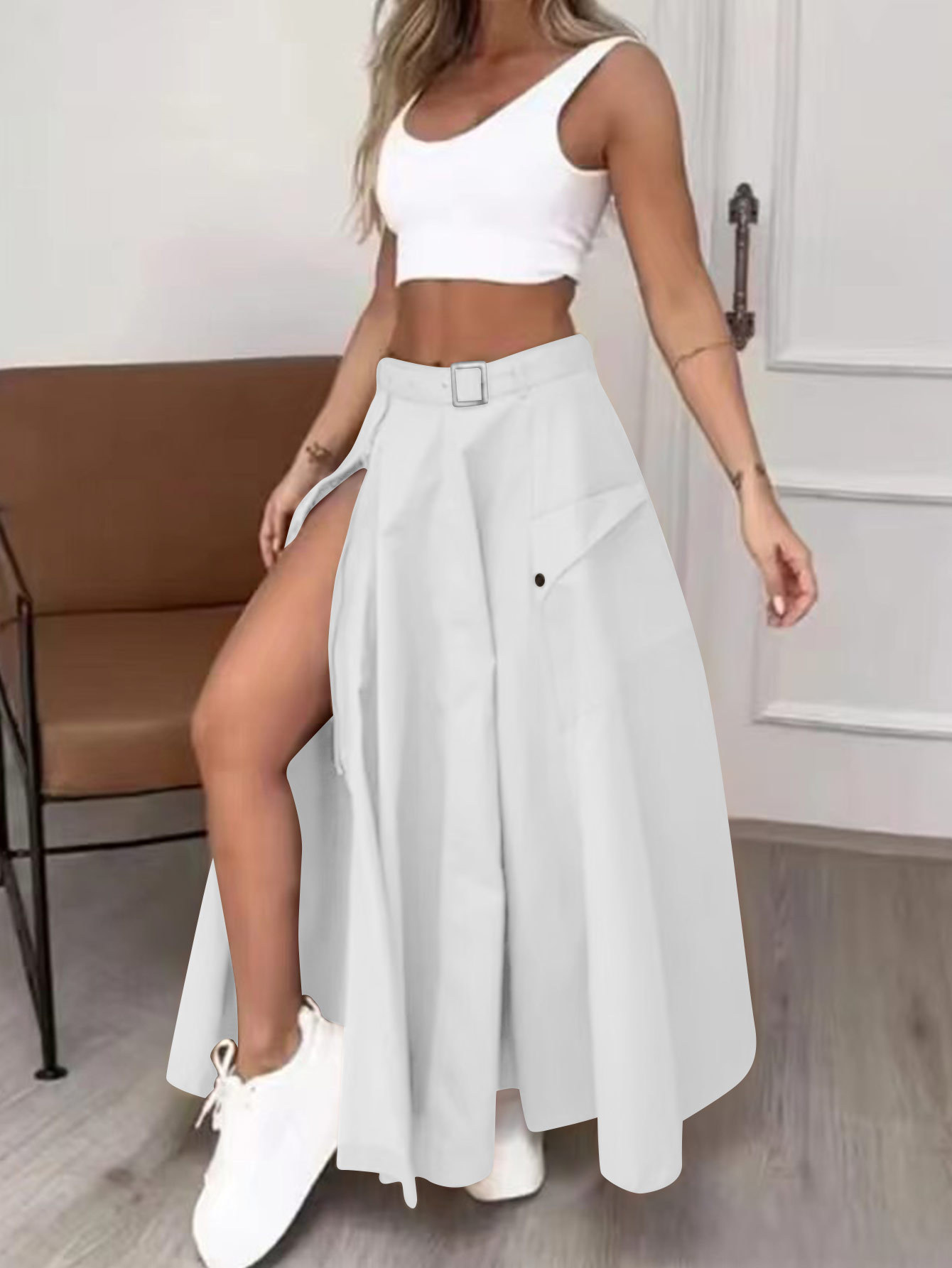 Jupes longues fendues irrégulières pour femmes, ceinture A-Line, monochromatique, décontracté, épissure, vêtements d'extérieur élégants, streetwear taille haute, automne