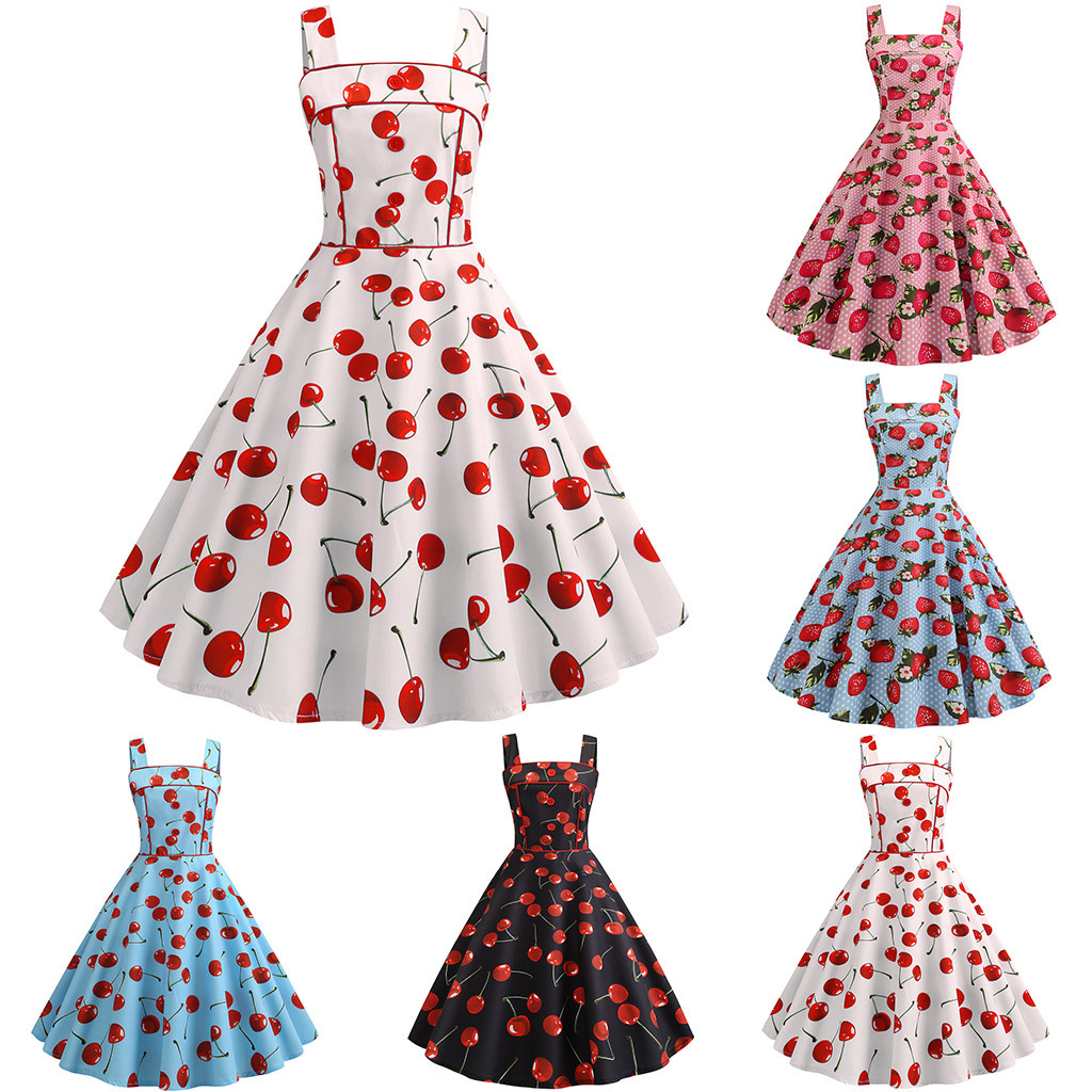 Robe de Cocktail Rockabilly Vintage des années 90 pour femmes, col en V, sans manches, taille haute, grande Robe trapèze, imprimé rétro, petite Robe d'été fraîche