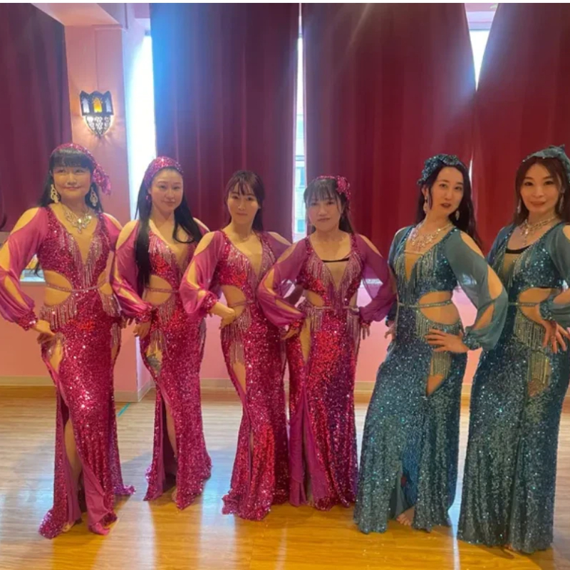 Costume de Danse du Ventre Égyptienne pour Compétition, Ensemble de Spectacle en Groupe, Robes à Manches Longues, Paillettes Brillantes, Robe BALADI