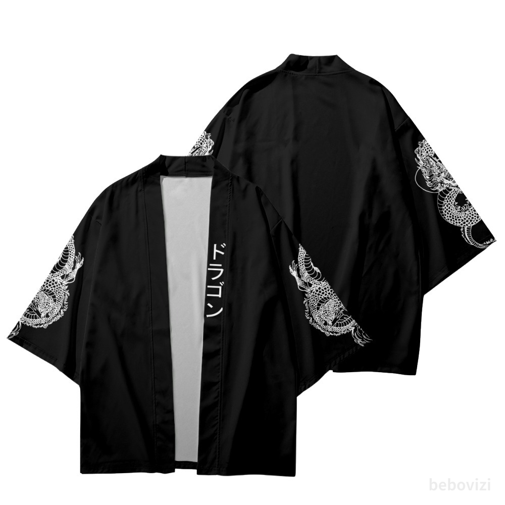 Manches Dragon imprimé noir Kimono ample japonais Streetwear Cardigan femmes hommes Harajuku Haori Cosplay t-shirts Yukata