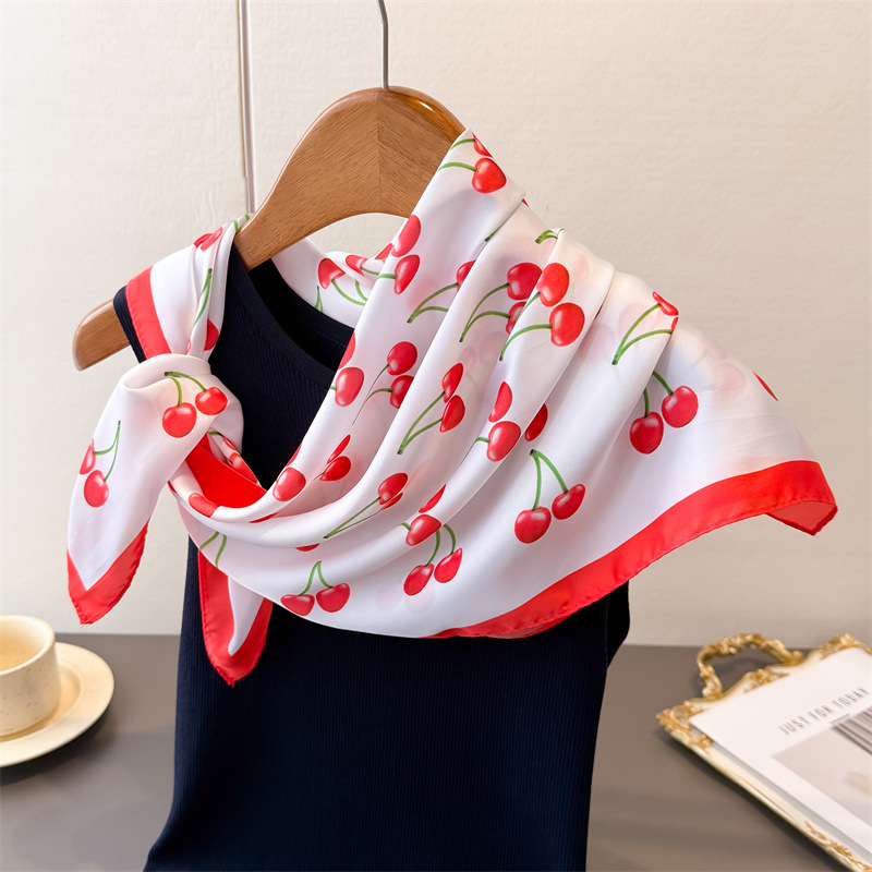 Écharpe carrée en satin de luxe 70x70cm, motif cerise mignon, châle pour femme, petit sac tendance, bandeau pour cheveux, bandana