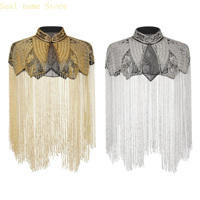 R7UD châle luxueux brodé Capelet géométrique accessoire tenue soirée