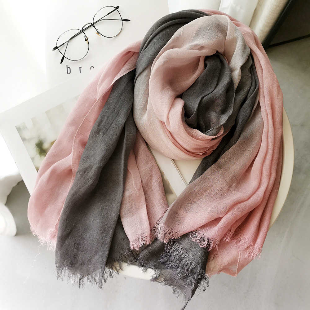Écharpe unisexe en coton et lin de style japonais, dégradé de couleurs, automne-hiver, longues écharpes et châles doux, bufanda courte à franges pour femme