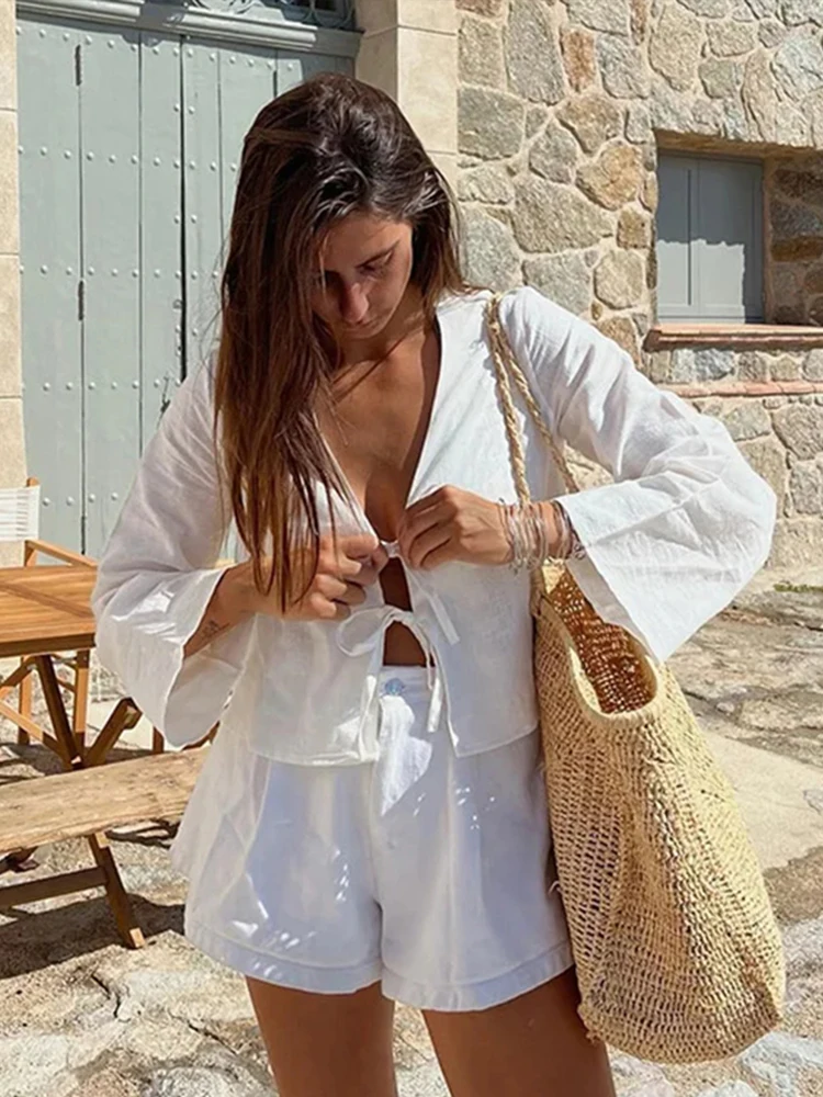Chemises à lacets avec nœud pour femmes, lin, évider, col en V, manches longues, lin chic, mode coréenne pour dames, streetwear de printemps, Y-2024