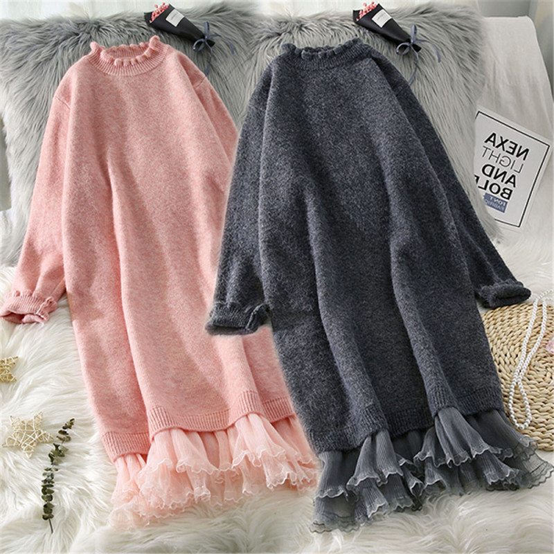 Robe pull en dentelle épissée pour femme, nouvelle collection automne-hiver 2026, style coréen, ample, longue, pull chaud en tricot pour femme