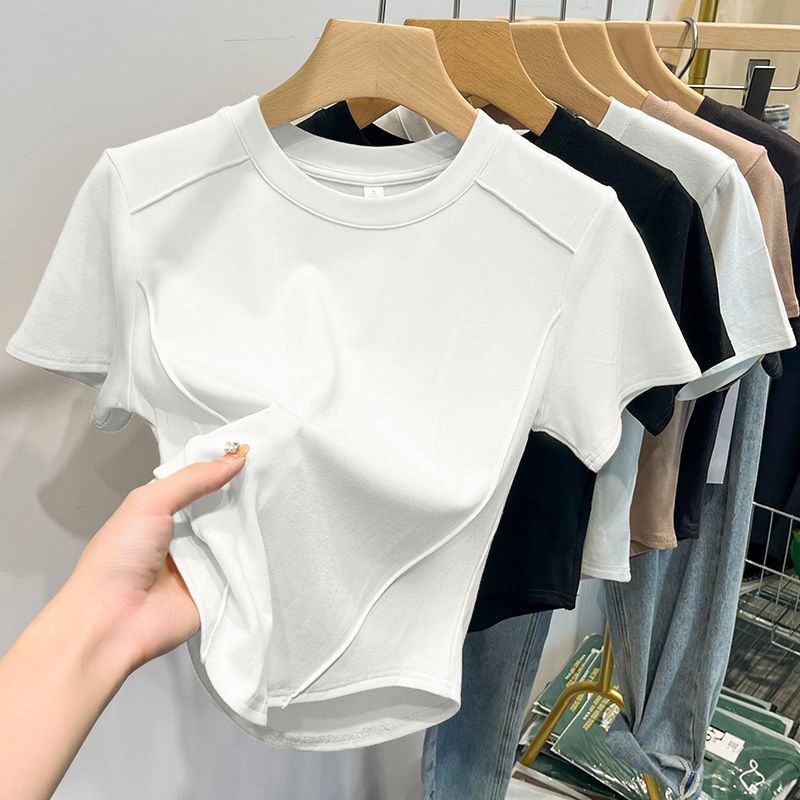 T-shirt manches courtes femme, blanc, en coton, polyvalent, Slim, Harajuku, haut court, tendance, été, 2026