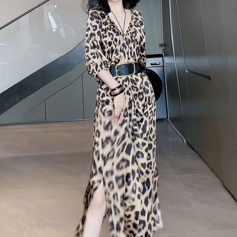 Robe longue léopard décontractée à manches mi-longues pour femmes, col en V, plis, ceintures trapèze, vêtements élégants, mode d'été, sexy